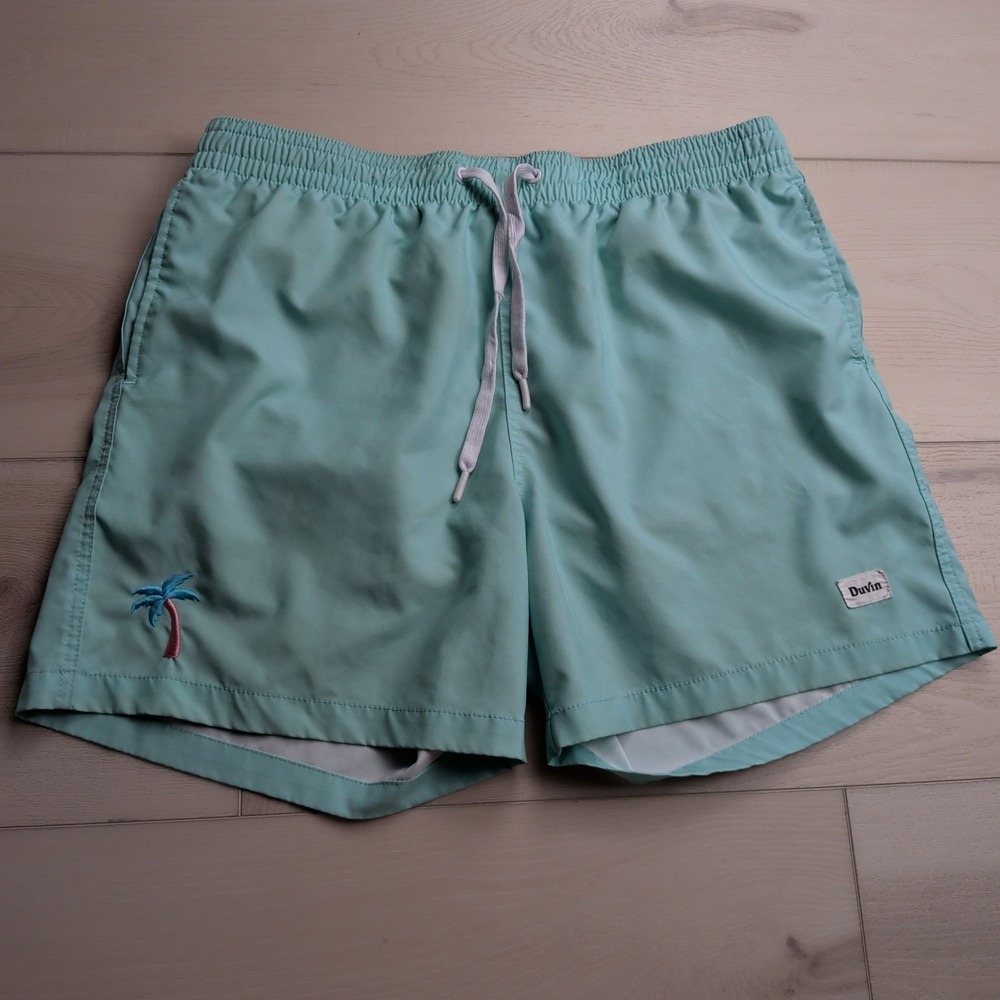 Duvin Swim Trunks Shorts Mens XL Mesh Lined Blue Stretch Embroidered Palm Tree